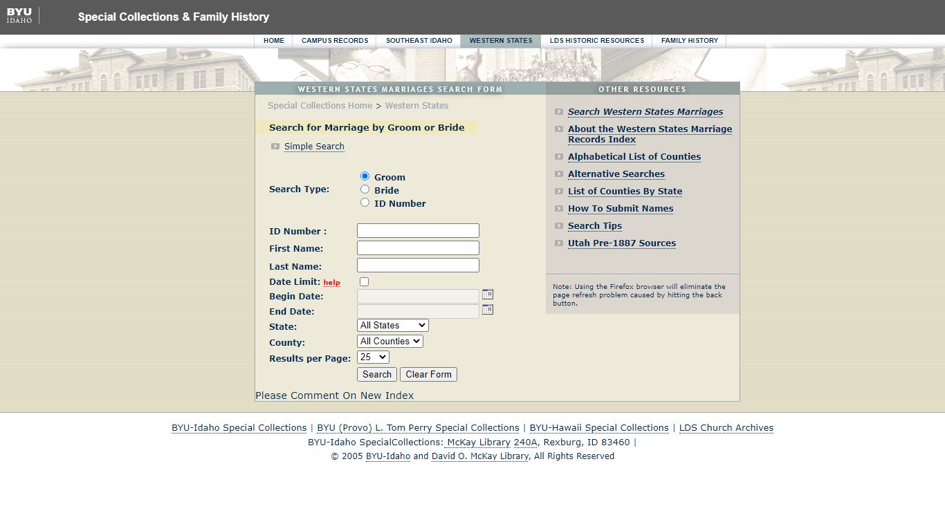 Western States Marriages Search Form - Brigham Young University–Idaho